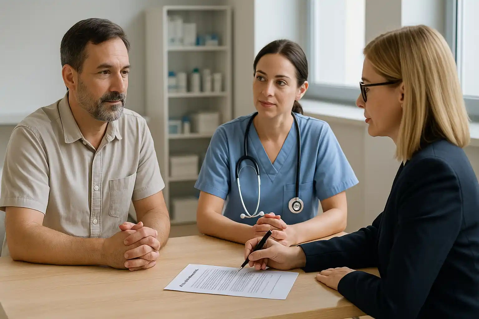 mediacion-veterinaria-reunion-conflictos-veterinario-cliente Mediador, veterinario y cliente reunidos en una clínica con un documento de cláusula de mediación veterinaria sobre la mesa, dialogando en un ambiente profesional.