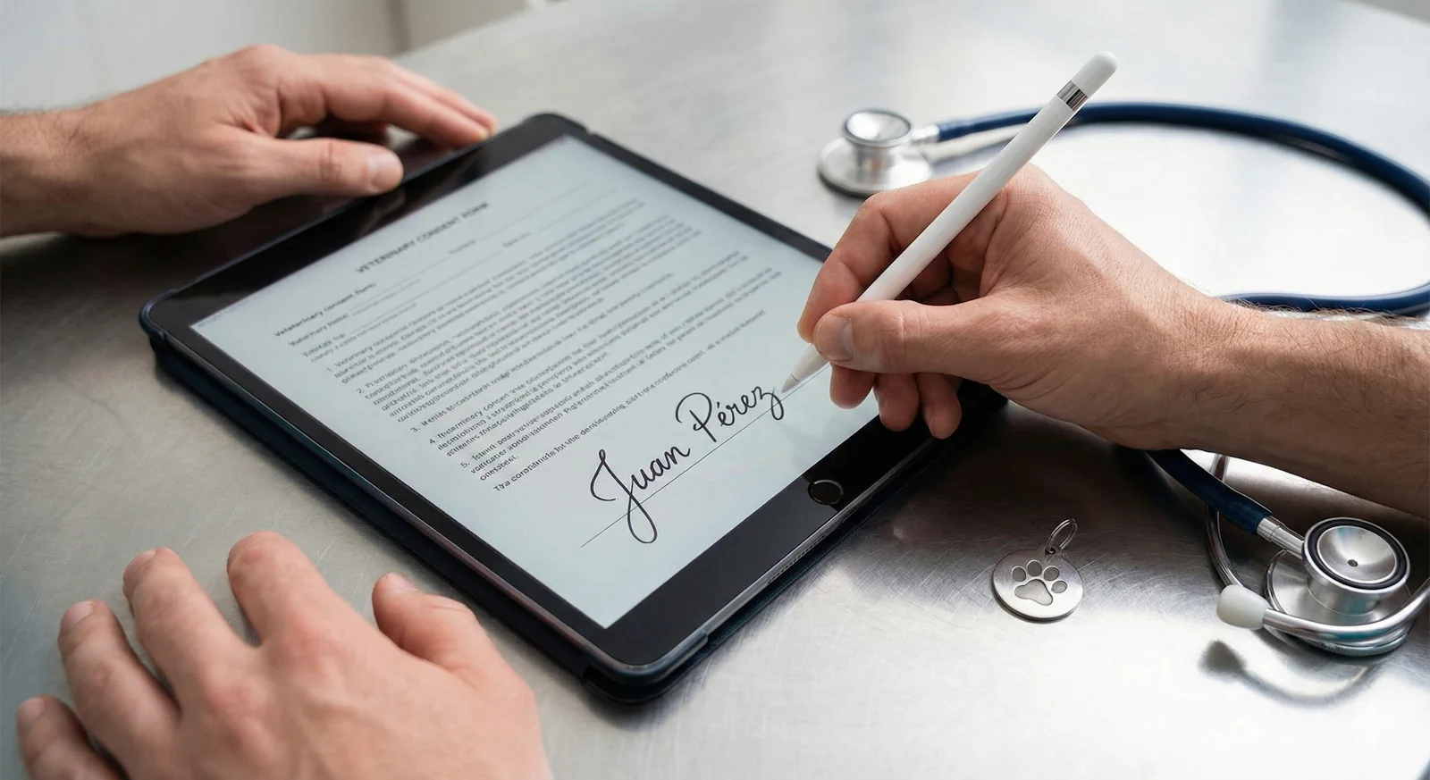 Firma digital válida de un consentimiento informado veterinario en tablet.