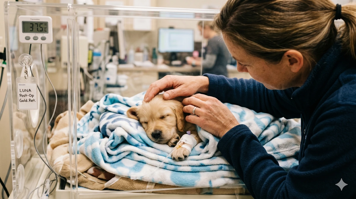 cachorro hospitalizado y dueños pensando en denunciar a un criador de perros