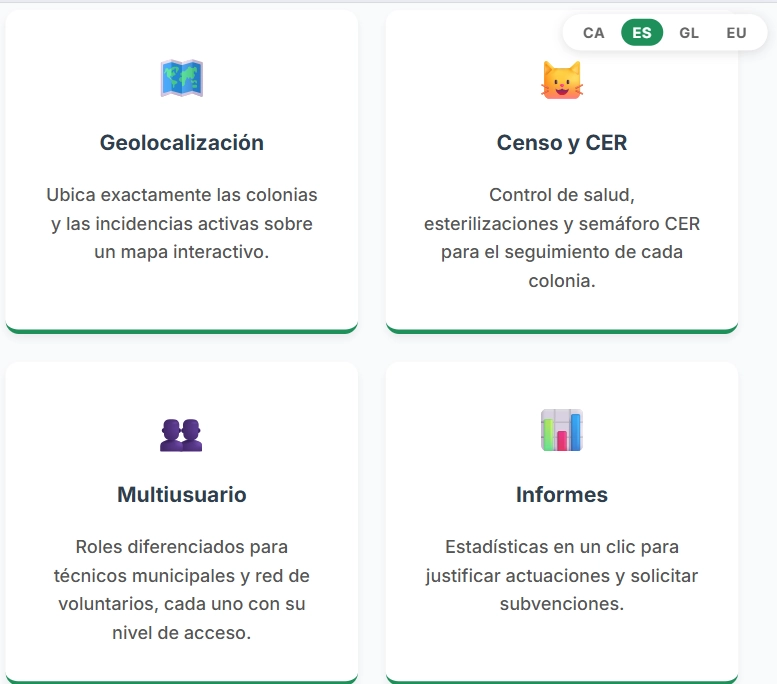 Algunas de las funcionalidades de Gesat para la gestión de colonias felinas